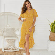 V-Neck Lace-Up Chiffon Skirt in yellow with high-rise waist and irregular hem, worn by a model.