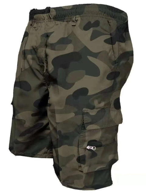 Camouflage plus size drawstring shorts with cargo pockets.