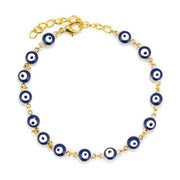 Gold chain bracelet with blue and white eye charms, ideal for self-expression and layering.