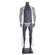 Men's Japanese Kimono in sheer lace fabric, open front design, featuring intricate patterns, shown in white color.