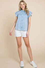 Lime N Chili Flutter Sleeve Button Down Shirt with frill detail and moderate stretch in mineral wash fabric.