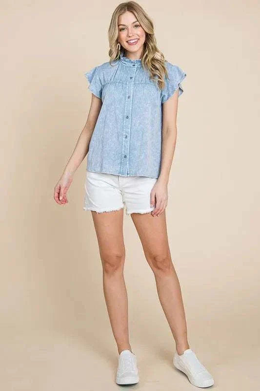 Lime N Chili Flutter Sleeve Button Down Shirt with frill detail and moderate stretch in mineral wash fabric.