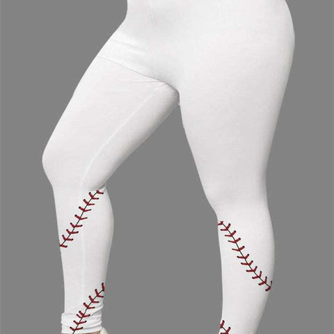 Women's 3D digital print leggings with red baseball stitching design.