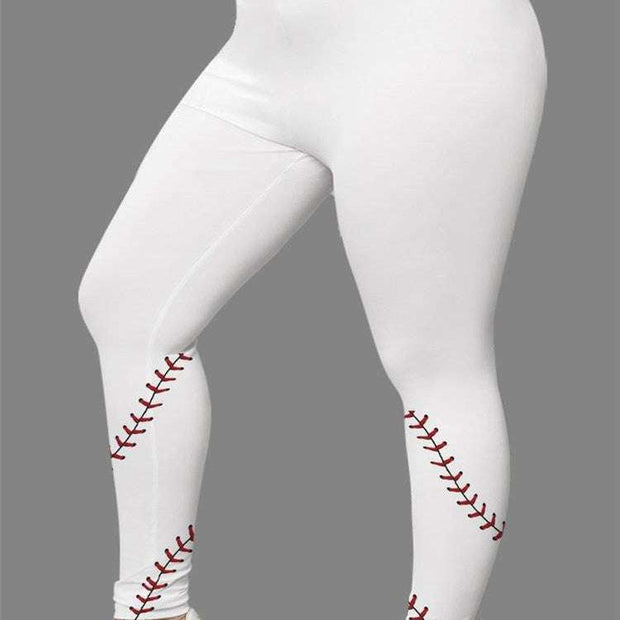 Women's 3D digital print leggings with red baseball stitching design.