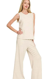Zenana Cotton Slub Tank and Pants Set in sand beige, featuring sleeveless scoop-neck top and elastic waistband pants.