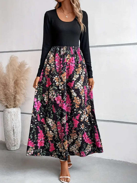 Floral Round Neck Maxi Dress with colorful floral pattern and long sleeves.