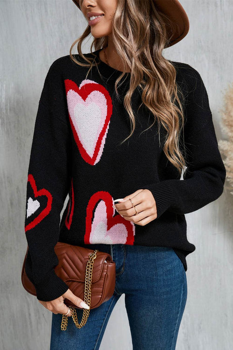 Angel Wings Heart Round Neck Sweater with graphic heart motifs, perfect for casual wear.