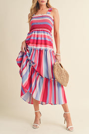 Red Stripe Smocked Midi Dress with ruffled straps and tiered skirt.