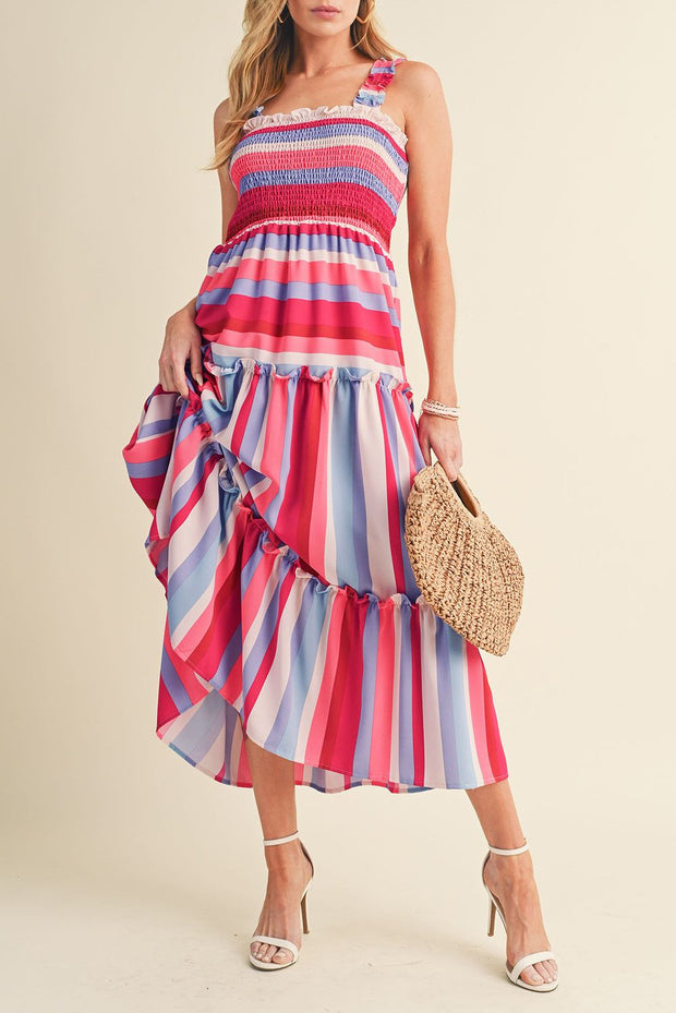 Red Stripe Smocked Midi Dress with ruffled straps and tiered skirt.
