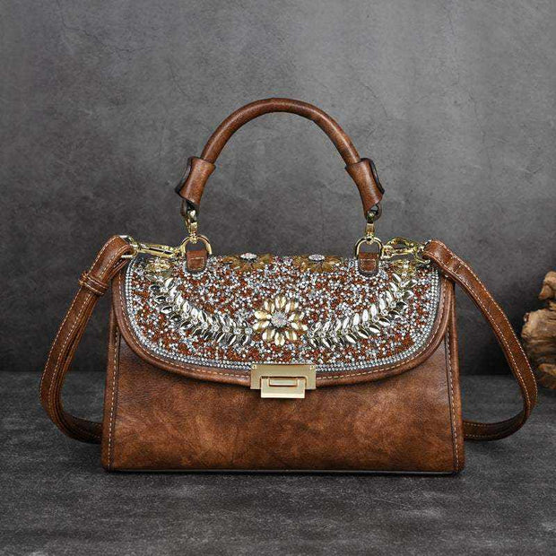 Retro diamond studded shoulder bag with sparkling embellishments, retro design, and adjustable strap.