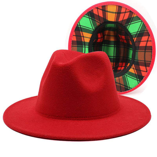 Color Matching Woolen Fedora Hat with red plaid design, flat brim, and versatile style for men and women.