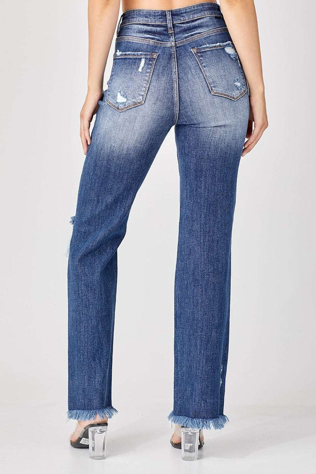 RISEN Distressed Straight Jeans with trendy distressed detailing and raw hem.