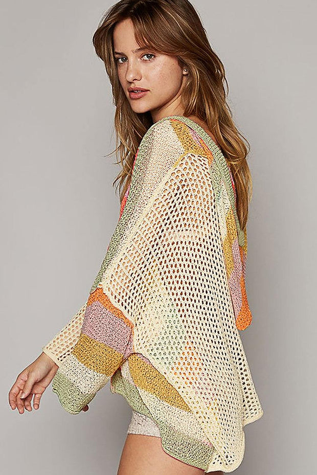 Colorblock V Neck Hooded Sweater