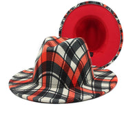 Plaid red woolen fedora hat with flat brim for stylish winter fashion.