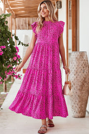 Rose Red Leopard Print Maxi Dress with ruffle sleeves in vibrant hue, ideal for summer events and casual outings.