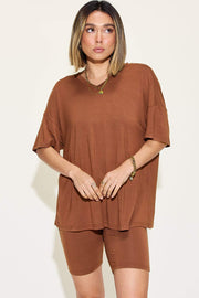 Bae V-Neck T-Shirt and Shorts Set in brown, featuring a relaxed fit and breathable fabric for casual chic style.
