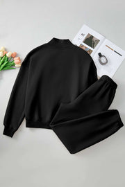Black Quarter Zip Top and Pants Set - long sleeve, soft fabric, casual style.
