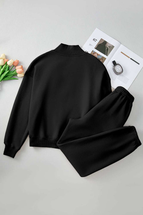 Black Quarter Zip Top and Pants Set - long sleeve, soft fabric, casual style.