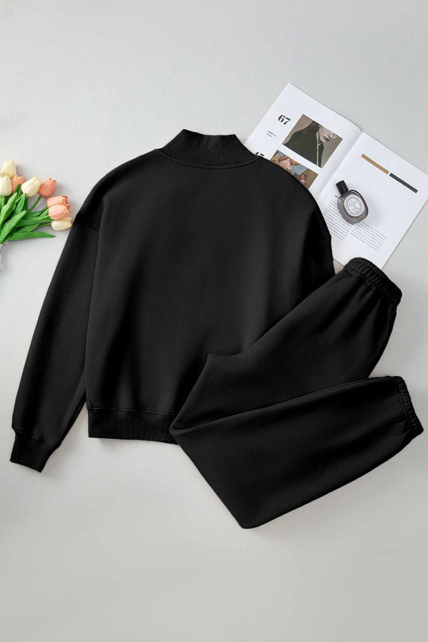 Black Quarter Zip Top and Pants Set - long sleeve, soft fabric, casual style.
