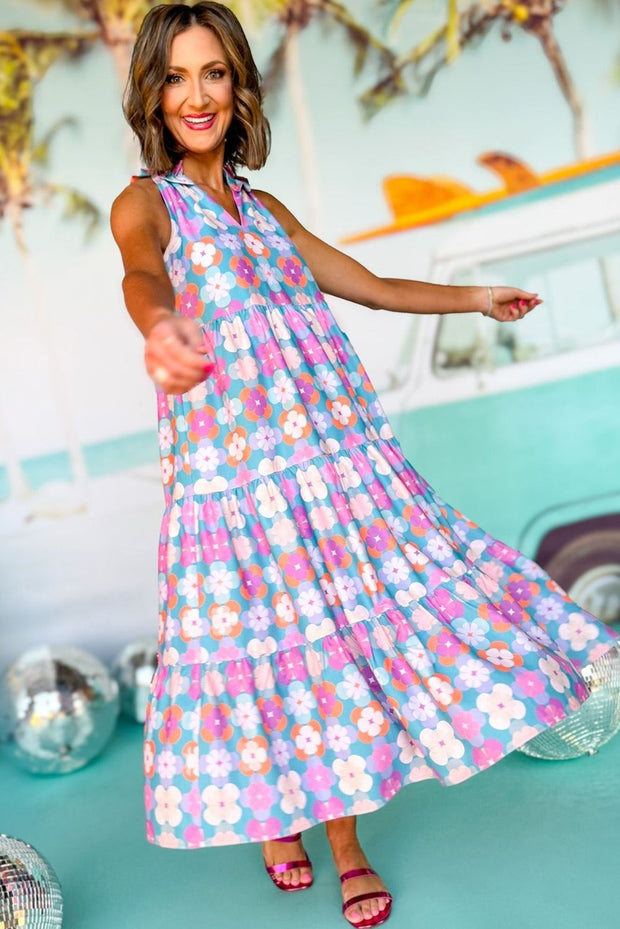 60s Flower Maxi Dress featuring vibrant floral print and sleeveless tiered design for a bohemian style.