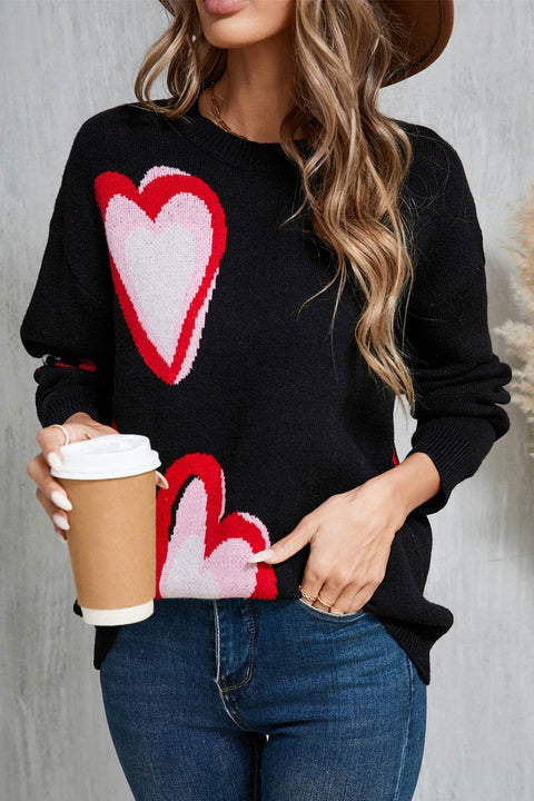 Angel Wings Heart Round Neck Sweater with heart motif, cozy fit, black base, and long sleeves.