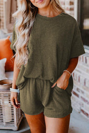 Vibrant orange ribbed tee and shorts set, comfortable casual wear.