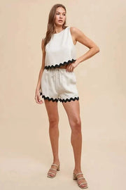 Annie Ric Rac Top and Shorts Set featuring a vintage-inspired ric rac trim and relaxed fit in light fabric.