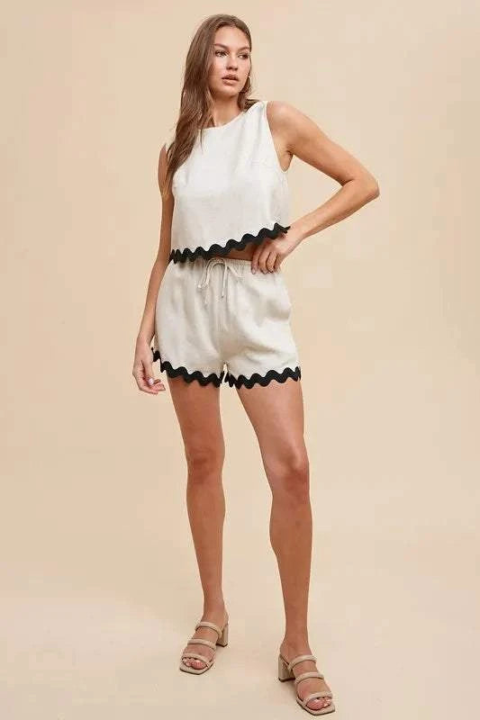 Annie Ric Rac Top and Shorts Set featuring a vintage-inspired ric rac trim and relaxed fit in light fabric.