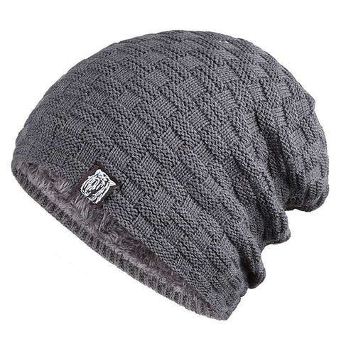 Gray Tiger Label Fleece Hat, unisex knitted for warmth and style.
