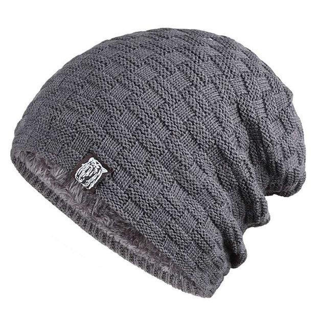 Gray Tiger Label Fleece Hat, unisex knitted for warmth and style.