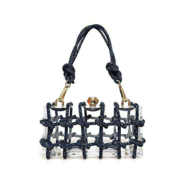 French Rhinestone Square Handbag with detachable chain strap and shimmering rhinestone design.
