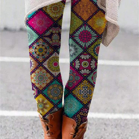 Colorful printed flared trousers with retro patterns, featuring a high-rise fit for stylish comfort.