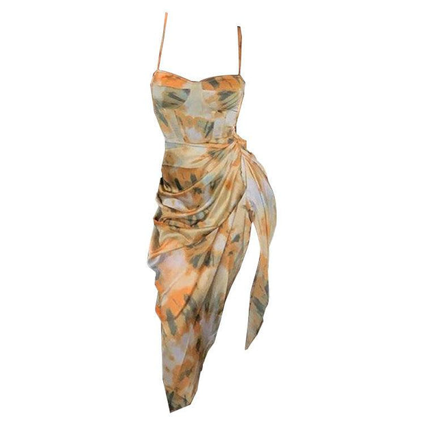 Summer Sexy Sling Dress in yellow print with stylish sling design, flattering silhouette, perfect for summer events.