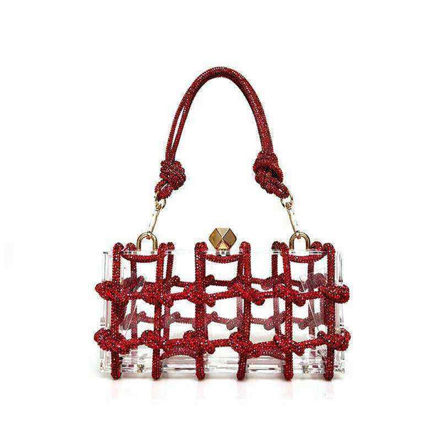 Luxurious French Rhinestone Square Handbag with red detailing.