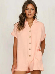 Button Front Short-Sleeve Romper, pink, buttoned, relaxed fit, short sleeves, pockets, casual wear.