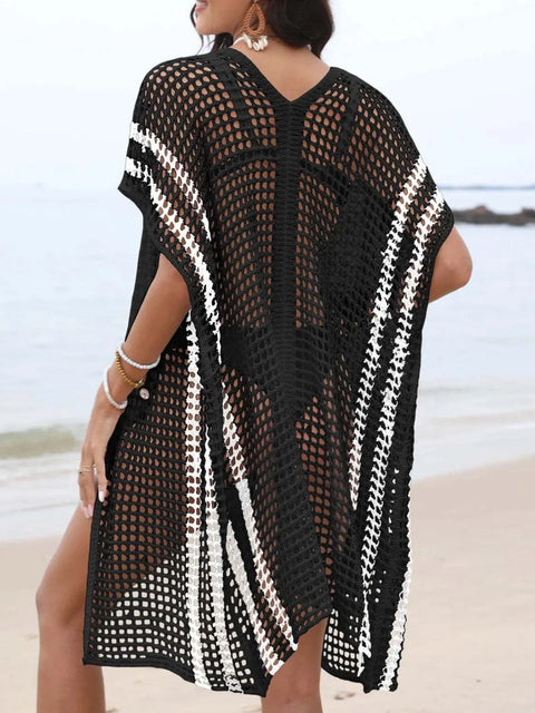Contrast Openwork Open Front Cover-Up on the beach with black and white openwork design.