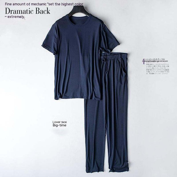 Two Piece Home Wear Suit in dark blue displayed on a hanger.