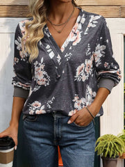 V-Neck Long Sleeve Sweatshirt with floral print, casual and chic style.