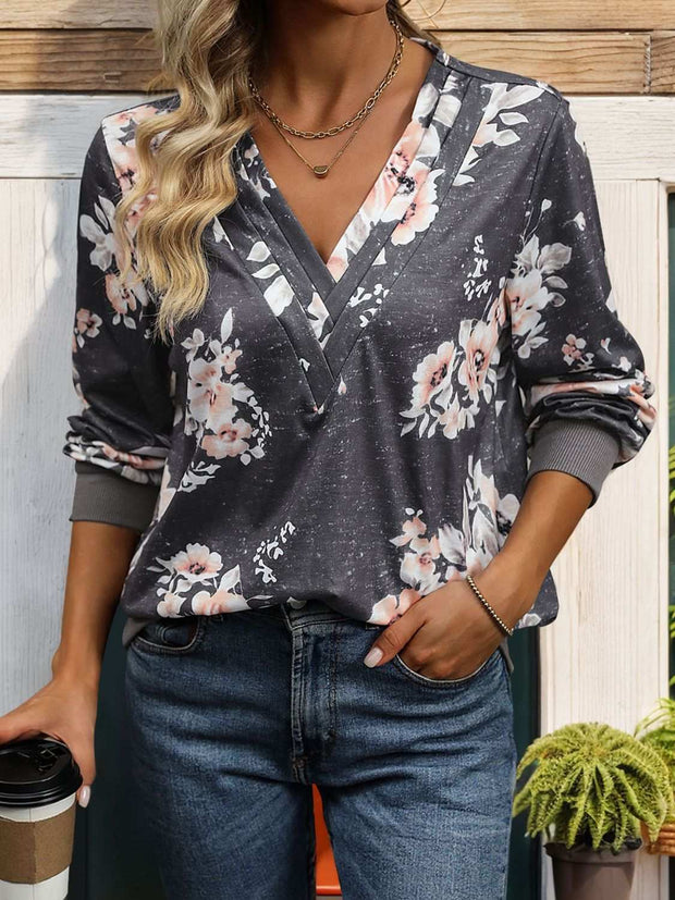 V-Neck Long Sleeve Sweatshirt with floral print, casual and chic style.