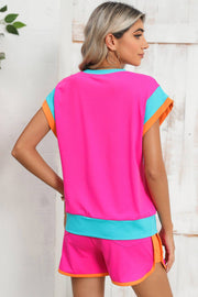 Rose Red Color Block Loose Fit Set with vibrant design and relaxed fit.