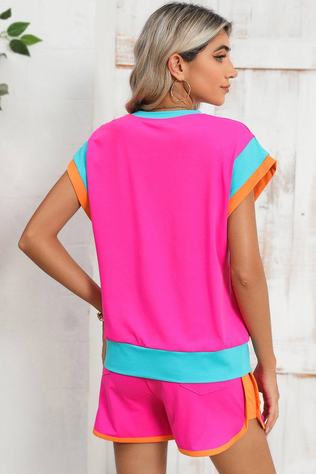 Rose Red Color Block Loose Fit Set with vibrant design and relaxed fit.