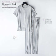 Gray two-piece home wear suit featuring a T-shirt and matching pants.