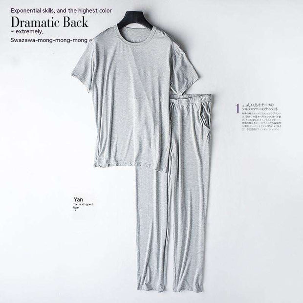 Gray two-piece home wear suit featuring a T-shirt and matching pants.