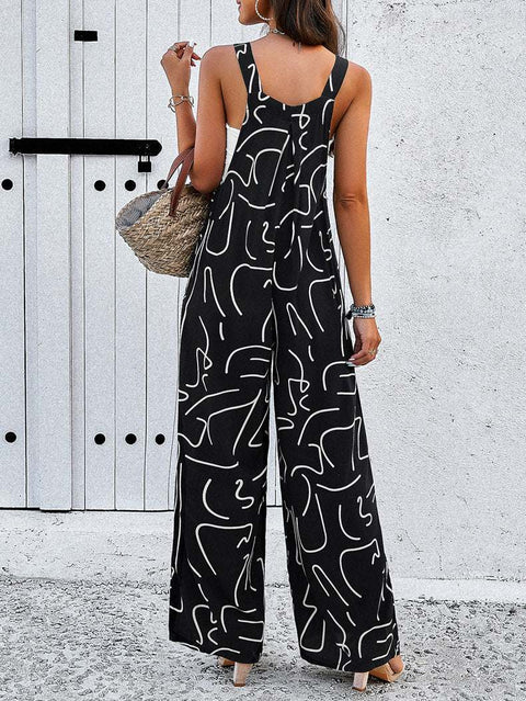Trendy square neck jumpsuit with abstract pattern, perfect for versatile occasions.