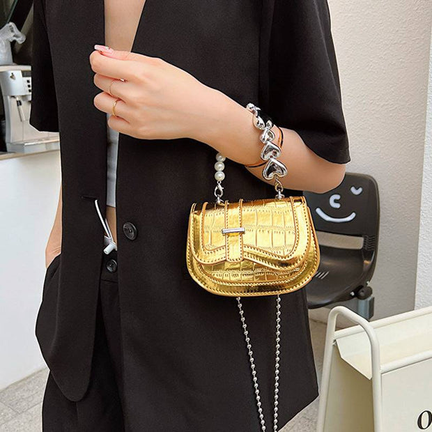 Laser Pearl Girl Tote in gold with chain strap, stylish accessory for casual and semi-formal occasions.