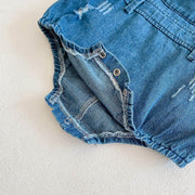Denim strap detail on Two-Piece Baby Suit with snap buttons for easy dressing.
