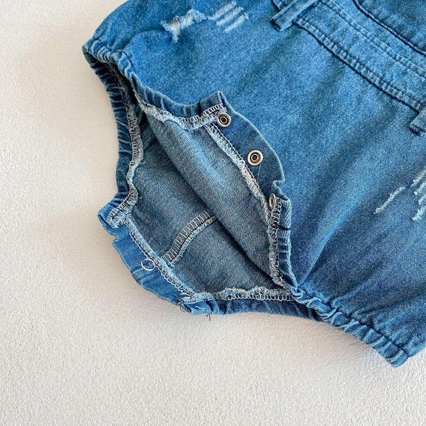 Denim strap detail on Two-Piece Baby Suit with snap buttons for easy dressing.