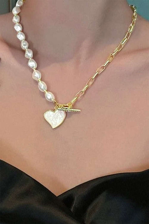 Gold Heart Rhinestone Pearl Necklace with heart pendant and pearl chain.