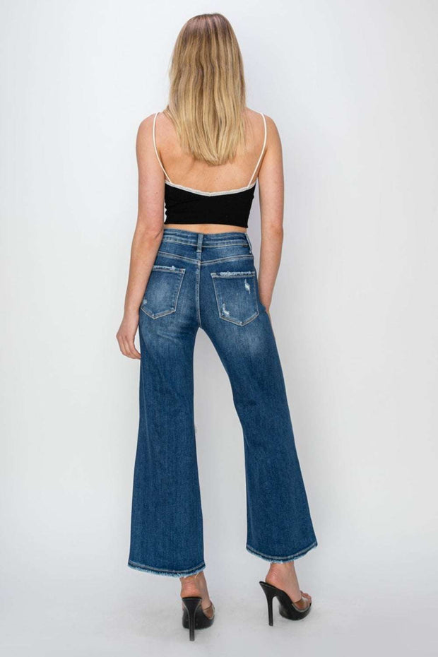 Risen Wide Leg Crop Jeans showcasing wide-leg design and cropped length in blue denim.