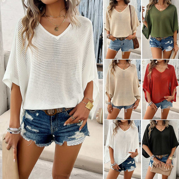 V-Neck Bat Sleeve T-shirt in various colors, featuring a relaxed fit and stylish design with bat sleeves, perfect for casual wear.